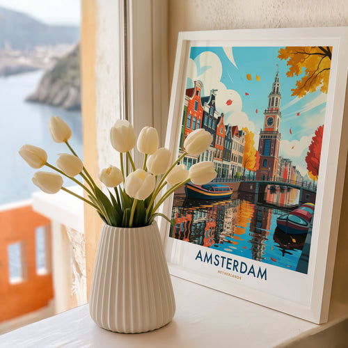 Amsterdam Netherlands Travel Poster as colourful modern illustration wall art by YourTravelPosters
