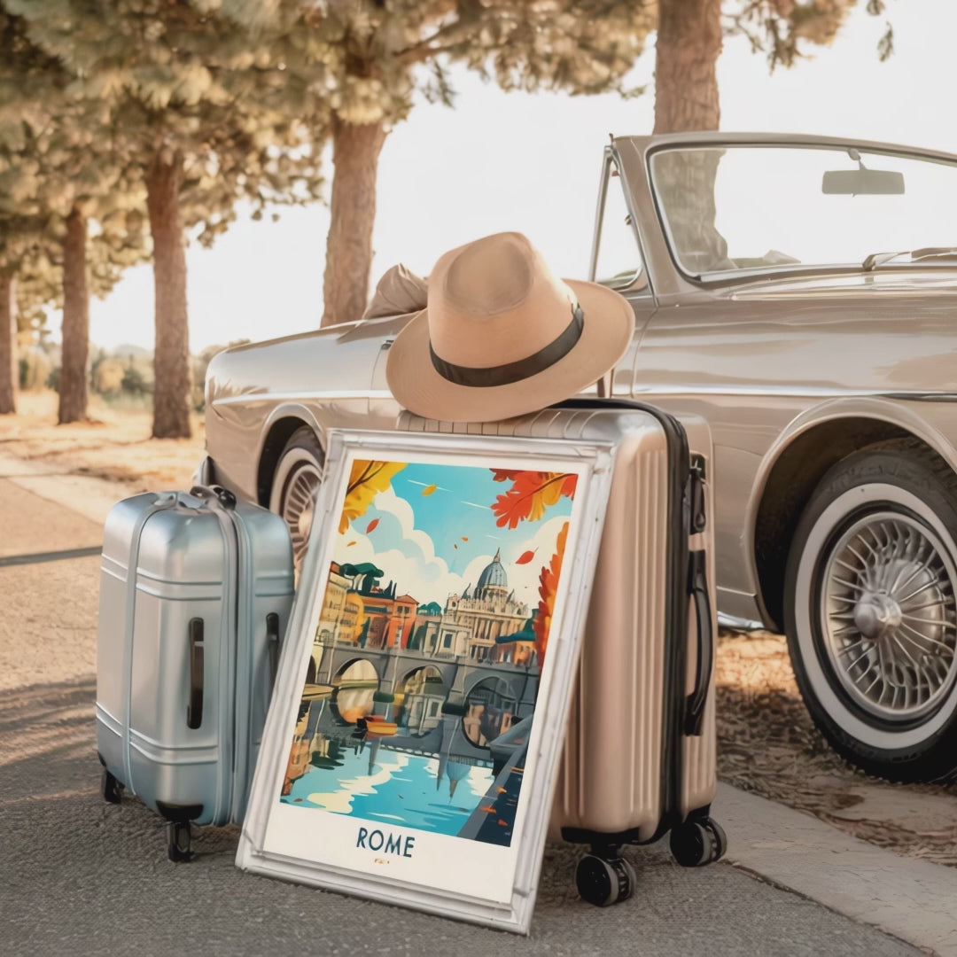 Stylish travel-themed poster, elegantly framed and displayed with vintage luggage and a classic fedora hat. Text overlay reads 'Your Travels, Your Walls, Your Story!' showcasing YourTravelPoster premium travel poster collection that transforms cherished destinations into personalized wall art.